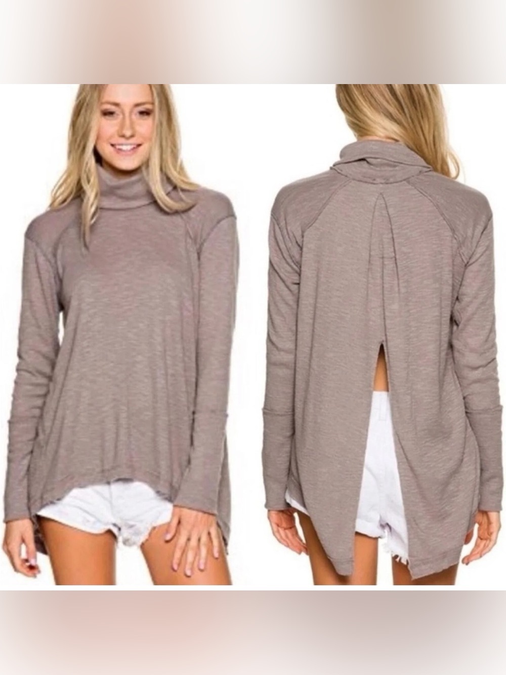 Free People We The Free Tara Split-Back Turtleneck top taupe grey Size XS boho